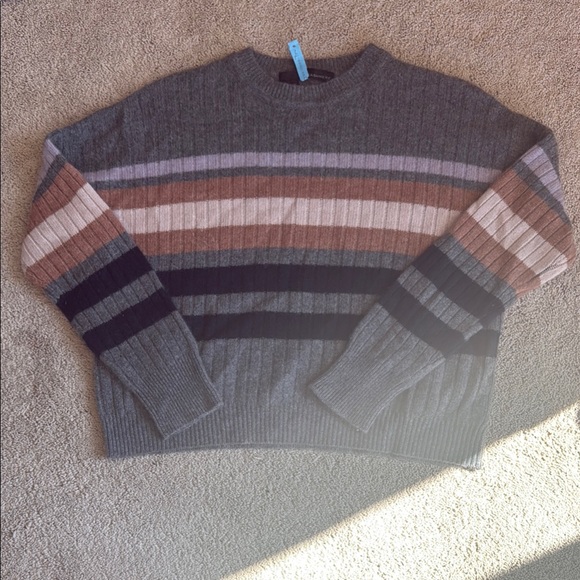 360 Cashmere Gray and Brown Striped Crewneck Sweater